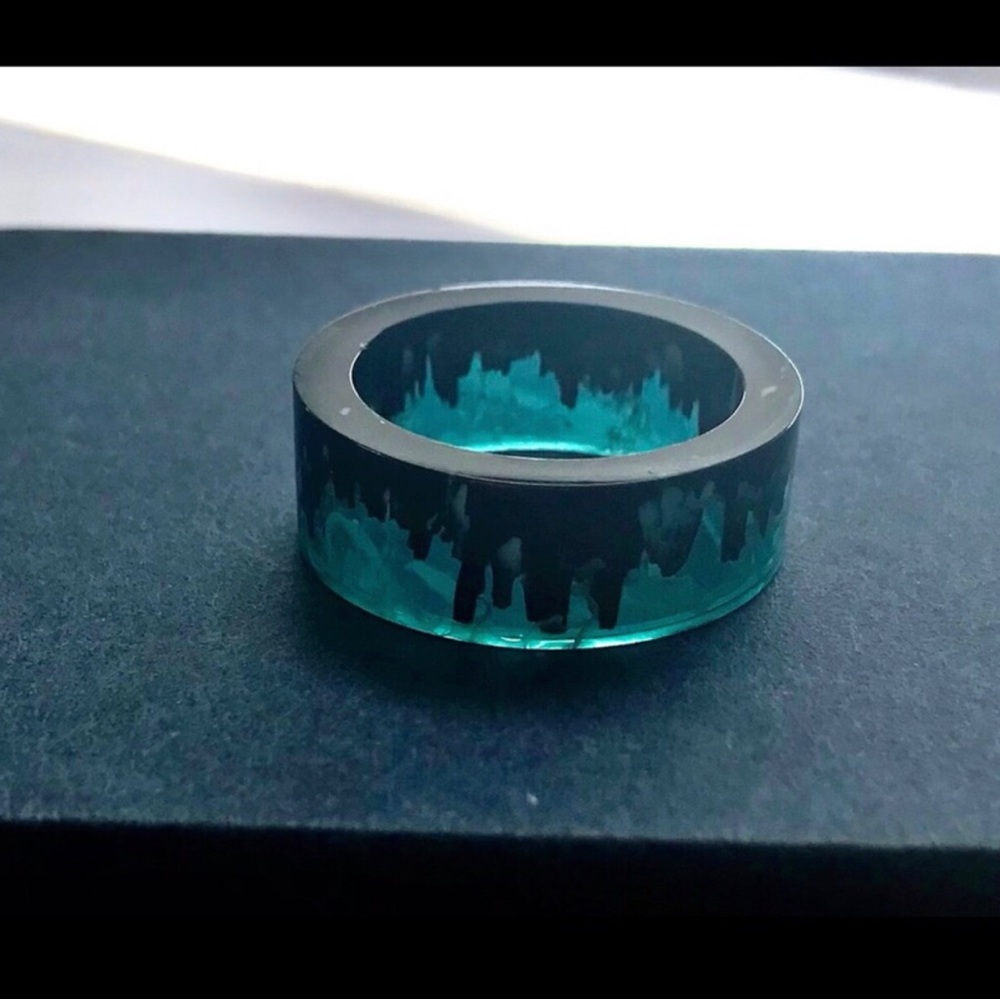 Teal Resin and Black Dome Wave Ring